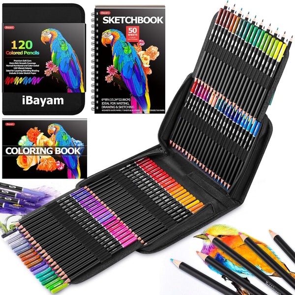 iBayam 123-Pack Colored Pencils Set with Gift Case, 3-Color Sketch Book, Professional Artist Drawing Pencils Kit for