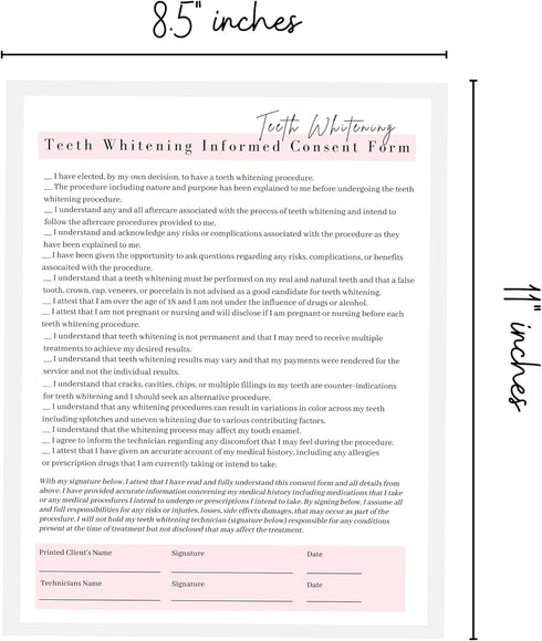 Boutique Marketing LLC 75 Pack 8.5x11 inch 25 25 25 Teeth Whitening Consent Form, Intake Form, Aftercare Form | | Paper