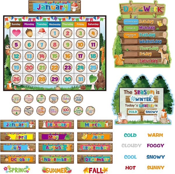 Calendar Bulletin Board Set with Weather Chart and Stickers for School Classroom Bedroom Wall Decoration (Watercolor