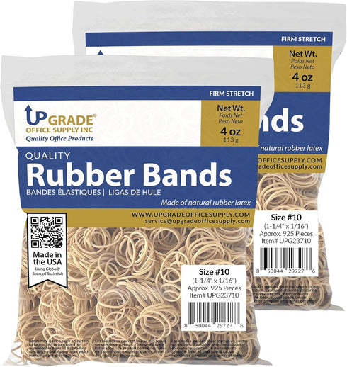 Upgrade Office Supply UPG23710PK2 Rubber Bands, Size #10 (1-1/4 x 1/16"), 4 oz. Bags (2 Pack), Natural Crepe Color, Made in USA