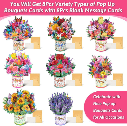 8 Pack 3D Paper Flower Pop Up Cards, Flower Bouquet Card Popup Greeting Cards for Mother's Day, Graduation
