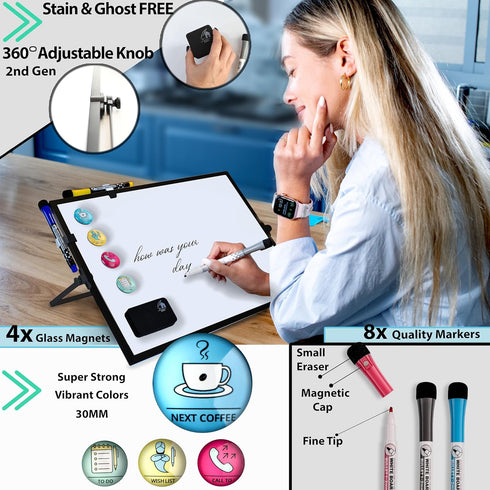 Large Magnetic Dry Erase White Board 12"X16" with Black Frame, Stand, 8 Markers, 4 Magnets, Eraser for Office