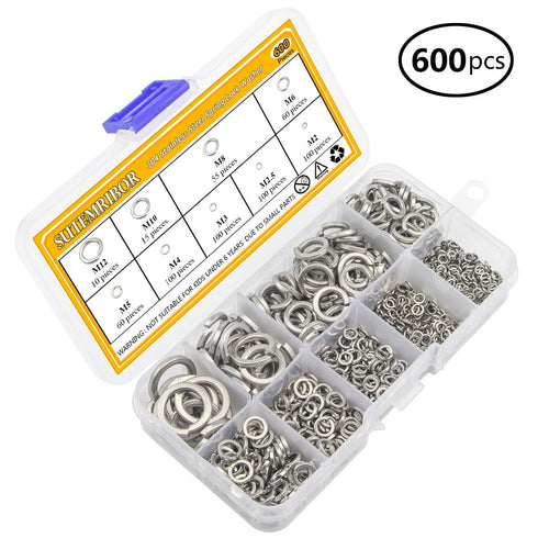 304 Stainless Steel Spring Lock Washer Assortment Set, 600 Pieces, 9 Sizes - M2 M2.5 M3 M4 M5 M6 M8 M10 M12