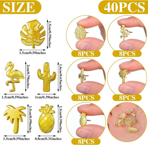 Eersida 40 Pieces Gold Push Pins, Cute Decorative Thumb Tacks with 5 Designs for Photos, Wall, Maps, Bulletin Board