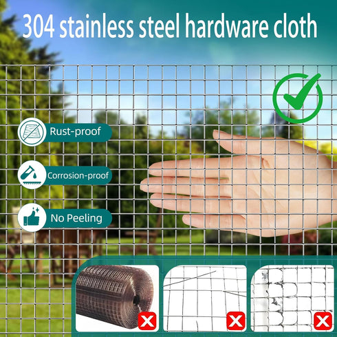 RXWJZP 304 1/2 inch 19 (8in10ft) Stainless Steel Hardware Cloth Wire Mesh Roll, Gauge Welded Fence for Garden