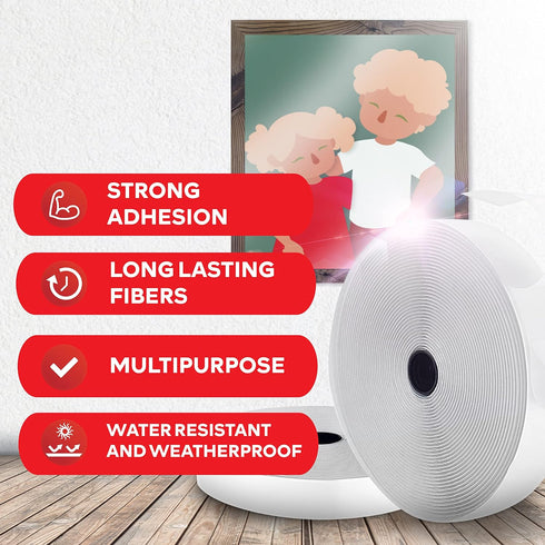 Hook and Loop Roll, White, 2-in x 10-Ft Heavy Duty Tape with Adhesive for Fabric and Tools