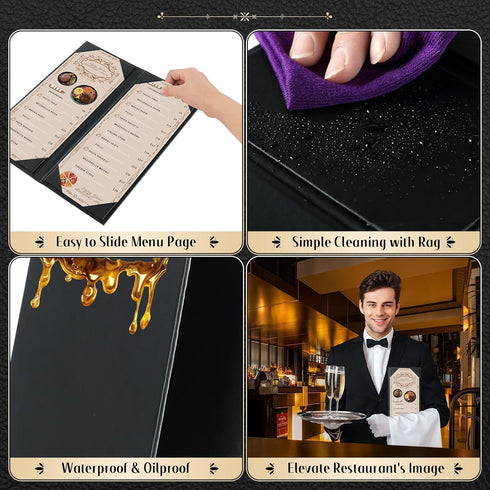 4.25" 11" 5 Pack 2 Menu Covers x View Black PU Leather Restaurant Menu Holders, Double Panel with Angled Corners