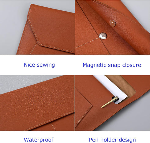 PU Leather Document Holder A4 File Folder with 3 Pockets, Waterproof Stylish Envelope Case with Snap Closure (Brown)