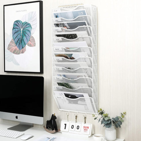 EasyPAG Hanging File Organizer - 10 Pocket Wall Mount File Holder with 5 Key Hook for Office and Classroom, White