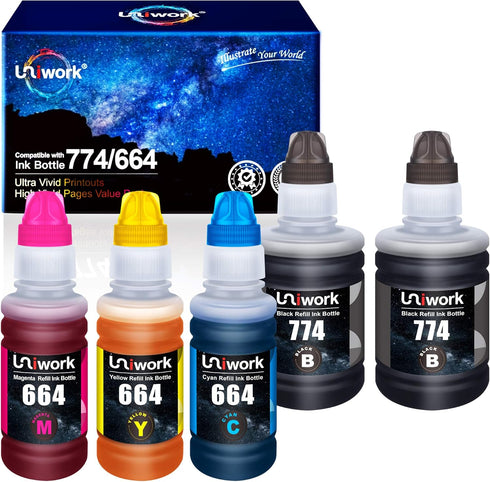 Uniwork Compatible Refill Ink Bottle for Epson 774 664 T774 T664, 5 Pack for ET-2650, ET-2550, ET-4500