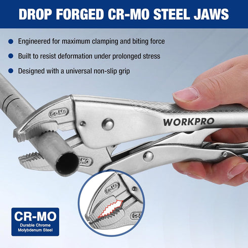 2-Piece Set, 6.5 Inch 10 Inch WORKPRO Locking Pliers Long Nose & Curved Jaw, CR-MO Steel Construction with Adjustable