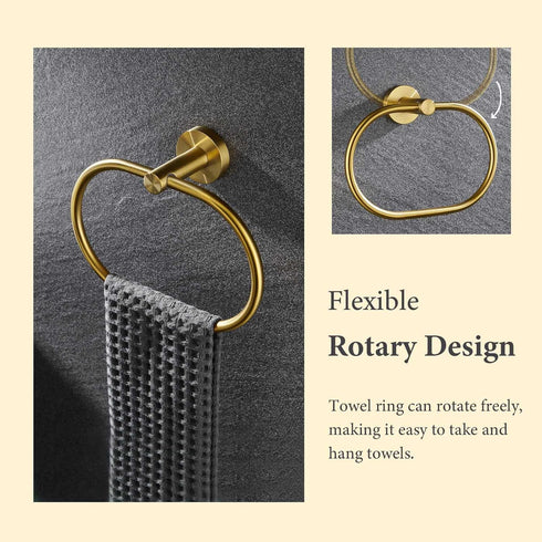 Suyar Brushed Gold Towel Ring - SUS304 Stainless Steel Towel Holder, Wall Mounted Hand Towel Rack for Bathroom