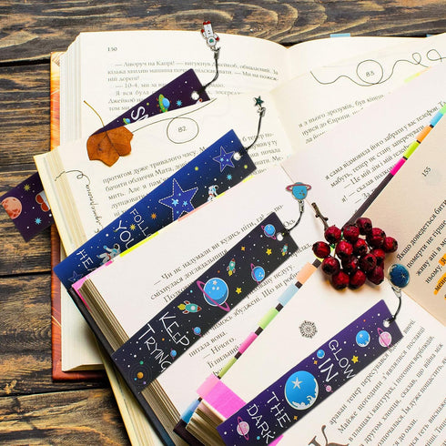 Zonon Space Theme Bookmarks with Inspirational Quotes Cards - Metal Charms Planet Rocket Space Ship, Reading Party