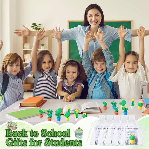 Spakon Christmas Erasers Gifts for Students, 50 Cactus Erasers, Plants Shaped, 25 Gift Cards, Organza Bags