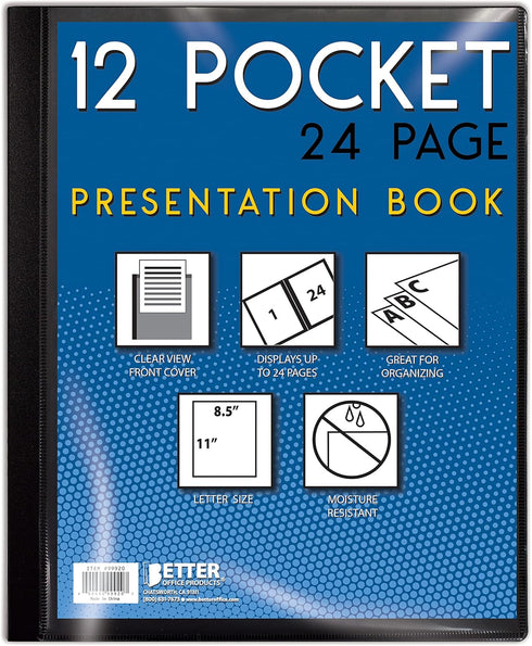 Better Office Products 12 Pocket Bound Presentation Book, Black with Clear View Front Cover, 24 Sheet Protector Pages