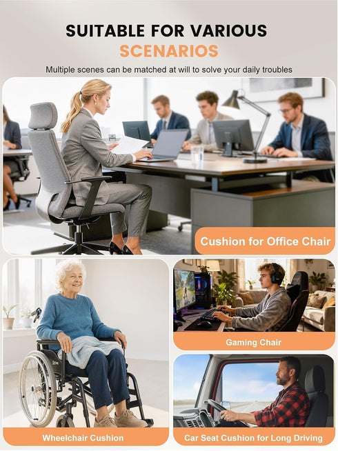 QEGOON Tailbone Office Chair Seat Cushion for Long Sitting Workers - L-Shaped Ergonomic Memory Foam with Support