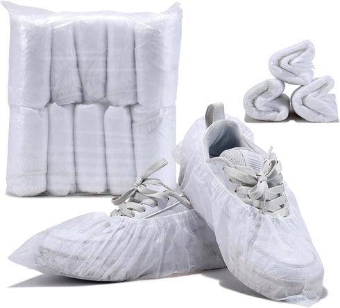 X-Large Disposable Shoe Covers 100Pcs, Waterproof Boot Cover, Dust Proof Non-slip CPE Protectors, White, One Size