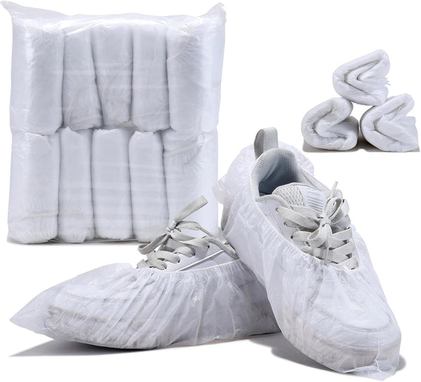 X-Large Disposable Shoe Covers 100Pcs, Waterproof Boot Cover, Dust Proof Non-slip CPE Protectors, White, One Size