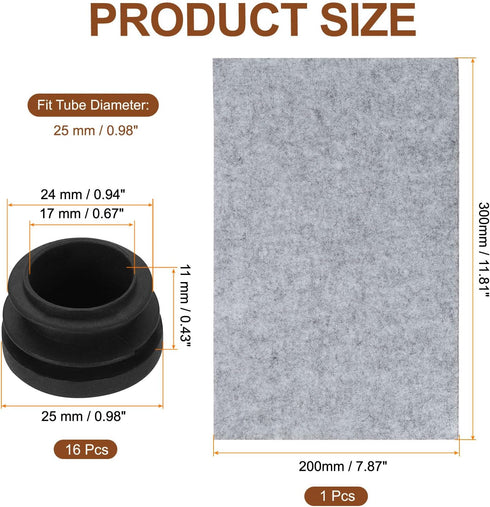 16 25mm/0.98" uxcell Pcs Round Plastic Plugs with Furniture Felt Pad, Tubing End Caps Furniture Leg Inserts for Metal