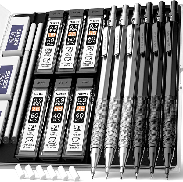 Nicpro 0.5 & 0.7 & 0.9 mm Metal Mechanical Pencil Set with Case, 6PCS MP1000 Artist Lead Pencil with 12 Tubes HB & 2B