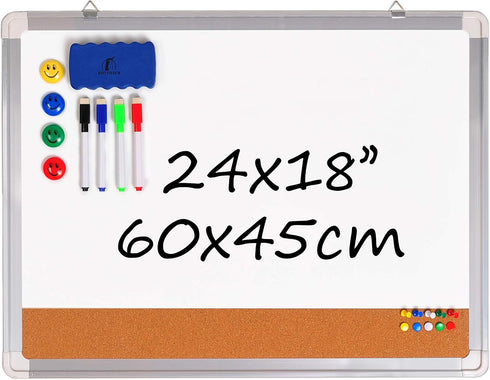 White Board Cork Board Combo, 24x18 in Dry Erase Board with Cork, 1 Magnetic Eraser, 4 Markers, 4 Magnets