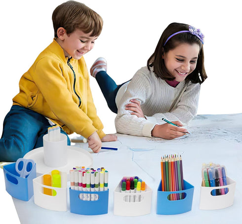 Rotating Art Supply Organizer Caddy for Kids - 7 Bins Craft Marker Crayon Storage for School Desk, Lazy Susan Holder