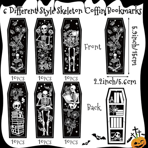 Haooryx Halloween Skeleton Coffin Bookmarks, 60Pcs Gothic Double-Sided Bookmarks with Black Tassels