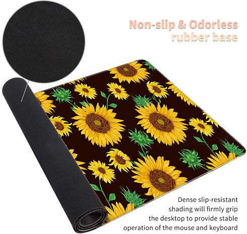 Large Gaming Mouse Pad with Stitched Edges, Non-Slip Desk Pad Protector, Cute Sunflower Yellow Decor for Home Office