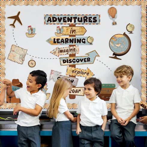 Travel The Map Bulletin Board Cutouts with Motivational Sign for Kids Let's Explore Voyage Classroom Decor
