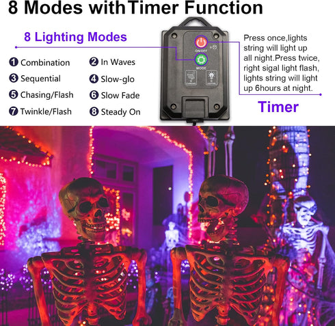 2Pack 144ft 400 8 IP44 Solar Halloween String Lights Outdoor Orange, LED Spooky Lights Modes with Timer, Waterproof