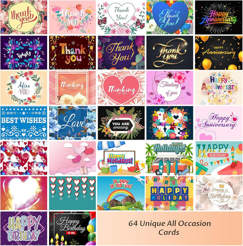 64 Pack 46 Inch YedsIntu All Occasion Cards Assortment Box with Envelopes & Stickers, Assorted Blank Greeting Cards