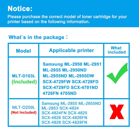LCL Compatible Toner Cartridge Replacement for Samsung MLT-D103L MLT-D103S (1-Pack Black) for ML-2950 ML-2951 ML-2955