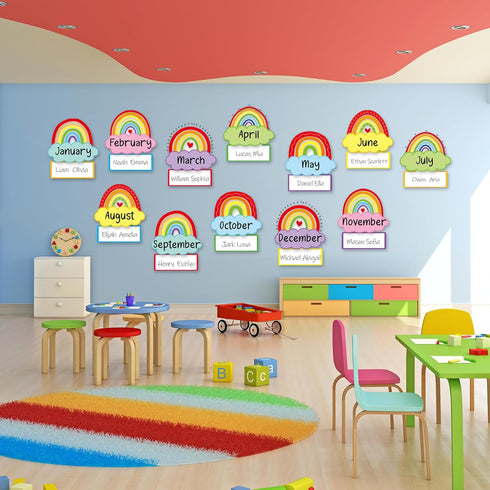 Rainbow Happy Birthday Bulletin Board Sign with Cloud Accents Cutouts for Celebrations, Calendars, and Classrooms Decor