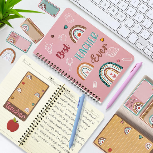 Teacher Sticky Note Set - A5 Notebooks, 2 Pack Spiral Notebooks, Black Gel Pens, Teacher Appreciation Gift with Box