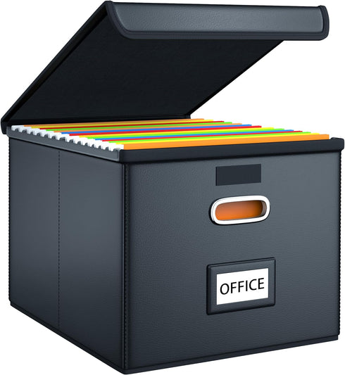 Huolewa Upgraded File Organizer Box with Lid, Collapsible Faux Leather Hanging Folder Box for Home/Office Storage