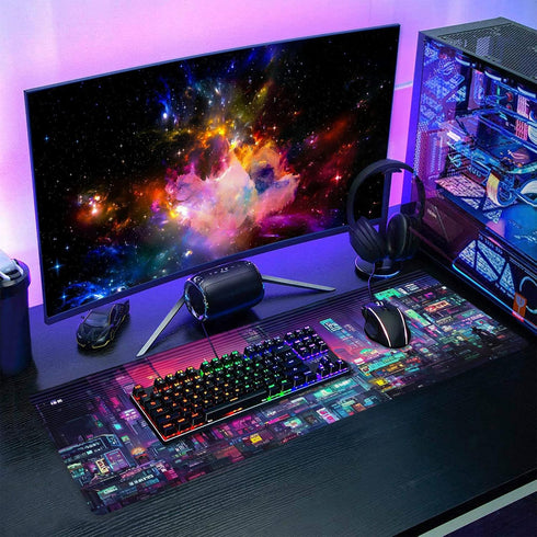 Retro Japanese Anime Gaming Mouse Pad XL, Cool Dark Purple Red Vaporwave City Extended Desk Mat
