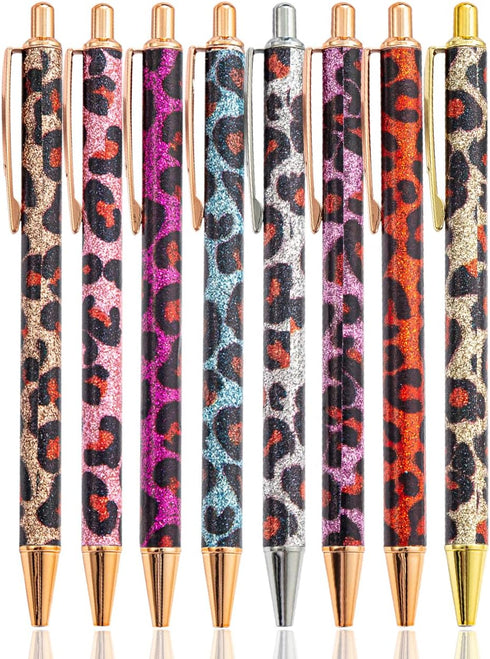 PASISIBICK 8 Pieces Girly Leopard Writing Pens, Cute Glitter Ballpoint Pens, Black Ink, Medium Point