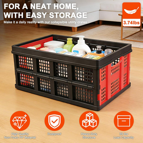 55L, 1PK Collapsible Storage Bins Heavy Duty Plastic Milk Crates for Storage, Foldable Collapsible Crates