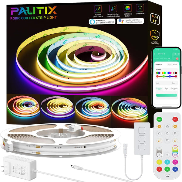 PAUTIX RGB Smart IC COB LED Strip Lights,6.56ft/2m Addressable UL-Listed 24V Chasing