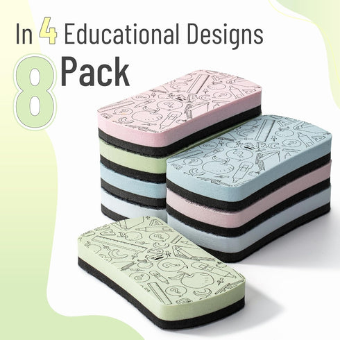 Mr. Pen 8 Pack White Board Erasers, Assorted Colors, Educational Designs Magnetic Dry Erase Board Erasers