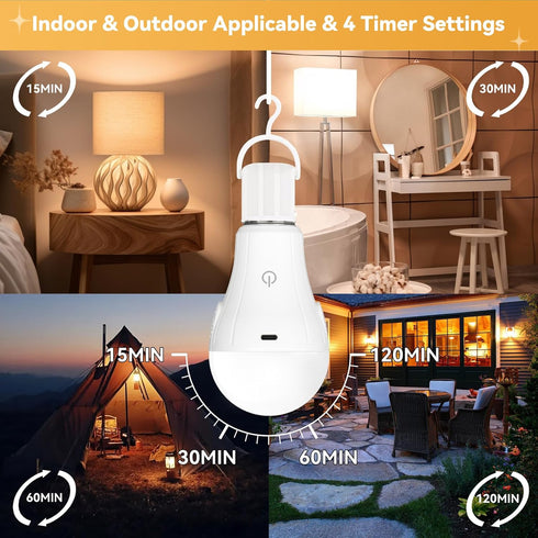 Neporal MagicGlow Rechargeable Solar Light Bulbs, 2 Pack, USB+Solar Rechargeable, Dimmable Battery Light Bulb, A19