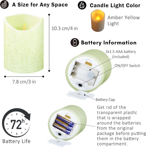 Pack 1 3" 4) FURORA LIGHTING Green Real Wax Crystallized LED Candle of (D x H for Home Dcor, Flameless Flickering