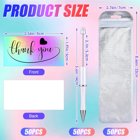 Yeaqee 150 Pieces Beadable Pens Kit, 50 Colors Plastic Beaded Ballpoint Pens with Thank You Cards and Packaging Bags