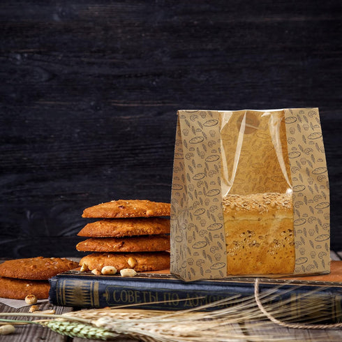 100 Pack 10.8"x10"x4" 100 Packaging Hacaroa Paper Bread Bags with Clear Window, Kraft Bakery Bag with Stickers, Brown