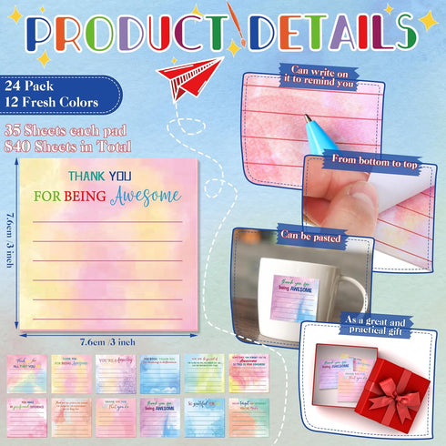 Yinder 24 Pcs Employee Appreciation Sticky Notes - Thank You Gifts Bulk Note Pads with Sayings, Teacher Gift Mini