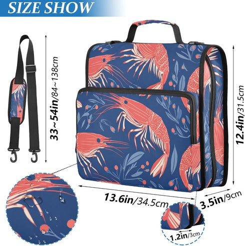 Fisyme 3 Sea Shrimp Cute Blue Zipper Binder Ring with Zipper and Shoulder Strap Large Capacity Multi-Pocket Binder