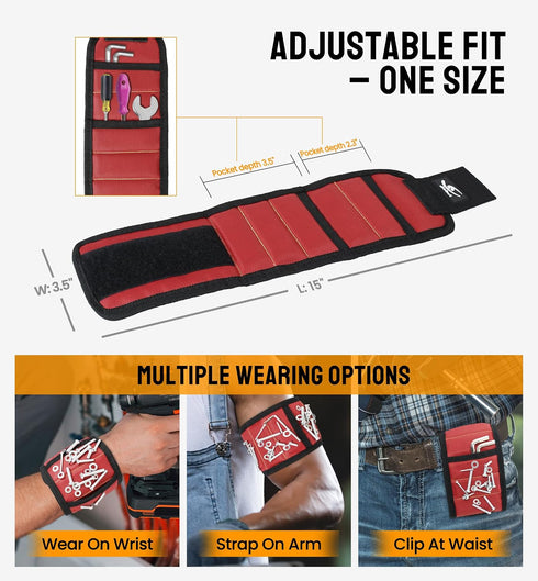 15 HiRui Magnetic Wristband for Tools Ultra-Strong Neodymium Magnets Hold Screws, Nails & Bits, Dual Pockets HandsFree