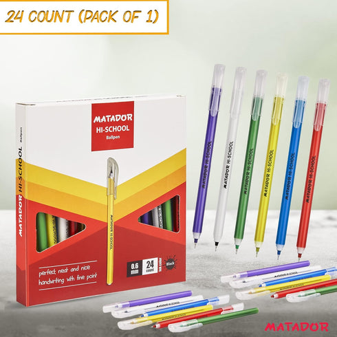 Matador HI-SCHOOL Ballpen, Fine-Point 0.6 mm, Black Ink, 24 Counts, Colorful Bodies