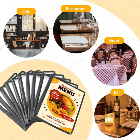 FLK Tech 10 Pack 4 8 8.5 11 Inch FLKQC Page Menu Covers, View x Clear PVC Menu Holder, Double Stitched Restaurant Menu