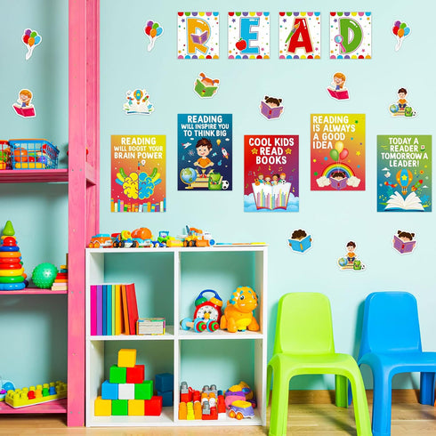 Zonon 45 Pcs Reading Classroom Decorations Bulletin Board Poster Banner Set for Teachers Preschool Library
